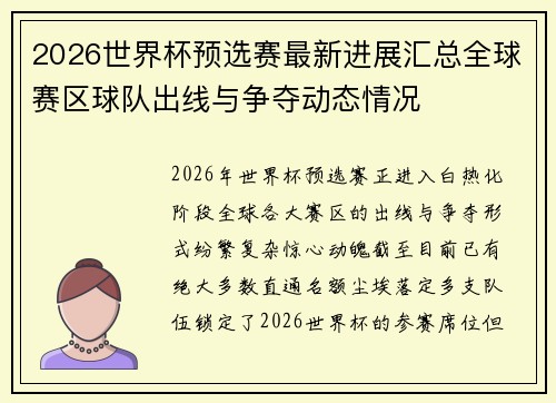 2026世界杯预选赛最新进展汇总全球赛区球队出线与争夺动态情况 2026世界杯预选赛最新进展汇总全球赛区球队出线与争夺动态情况
